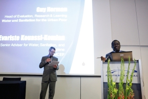 Guy Norman (left) and Evariste Kouassi-Komlan introducing the sanitation track at the 2014 WASH Sustainability Forum. Photo by Felix Kalkman